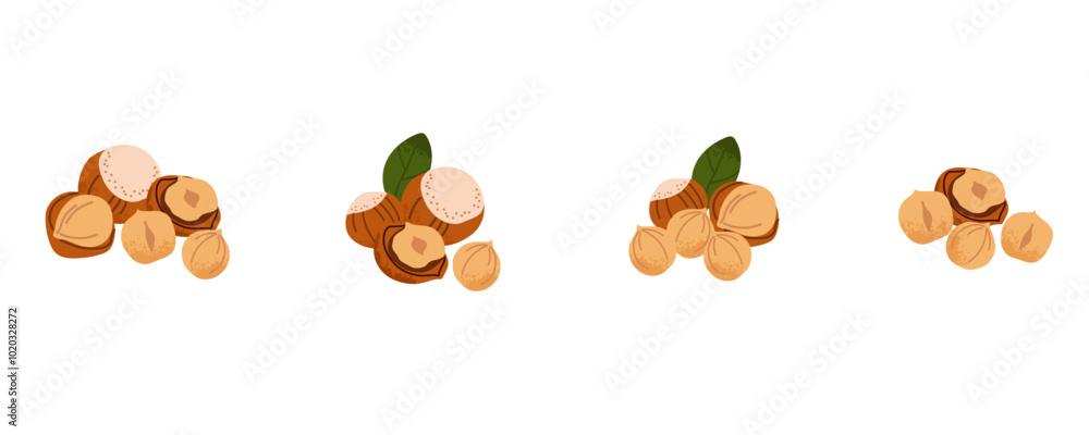 Cartoon hazelnut. Nuts in shell and peeled pieces with leaf. Healthy food. Diet snack. Organic vegetarian element. Whole and half. Natural plant ingredient packaging design. Vector isolated illustrati Cartoon hazelnut. Nuts in shell and peeled pieces with leaf. Healthy food. Diet snack. Organic vegetarian element. Whole and half. Natural plant ingredient packaging design. Vector isolated illustrati