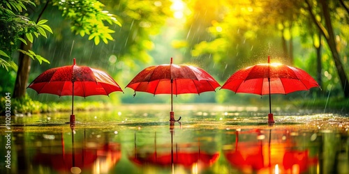 Wallpaper Mural Three Red Umbrellas Stand Tall in the Rain, Reflecting in Still Water, with Sunlight Shining Through the Green Trees Torontodigital.ca