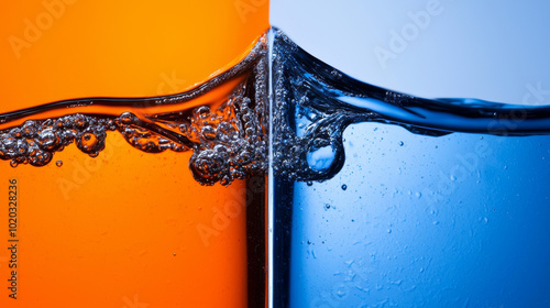 A vibrant display of contrasting water colors with bubbles captured in a split view showing orange and blue sides