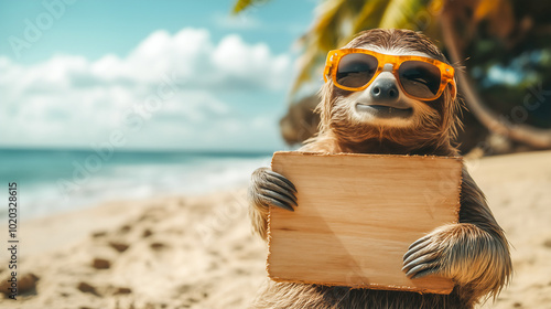 Cool sloth wearing sunglasses relaxing o nthe beach holding empty wooden sign in hands . photo