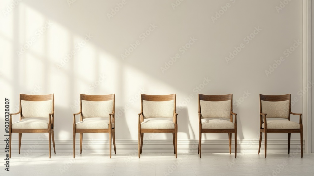 Symmetrical line of chairs, one in a distinct style, representing a unique role Symmetrical line of chairs, one in a distinct style, representing a unique role