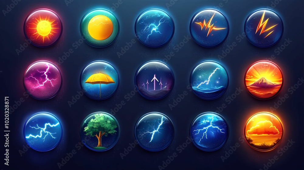 A Collection of Colorful Round Icons Depicting Weather and Nature Scenes A Collection of Colorful Round Icons Depicting Weather and Nature Scenes