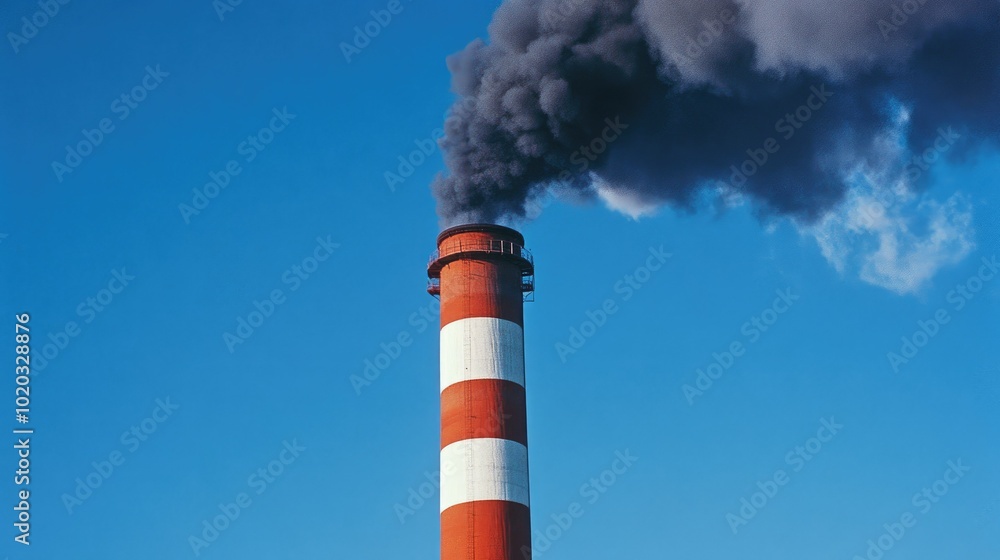 Tall industrial smokestack with dark smoke billowing out, red and white-striped structure, blue sky Tall industrial smokestack with dark smoke billowing out, red and white-striped structure, blue sky