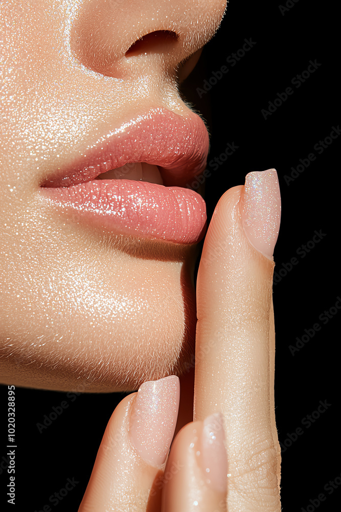 Fototapeta premium Close-up of a woman's lips and fingers with a glossy finish on a black background.