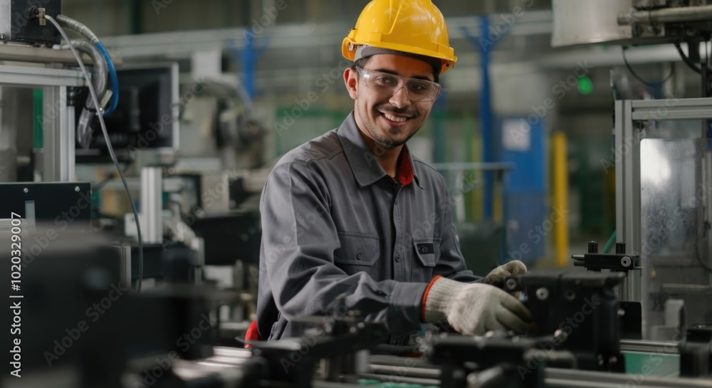 Smiling Industrial Engineer With Safety Helmet at Manufacturing Plant Smiling Industrial Engineer With Safety Helmet at Manufacturing Plant