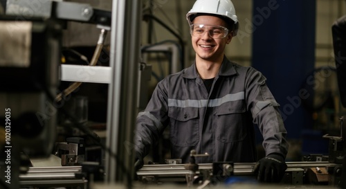 Smiling Industrial Worker with Helmet Operating Machinery in Factory