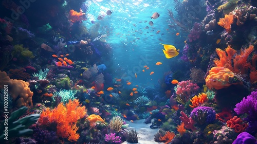 Vibrant Underwater Scene with Colorful Corals and Fish