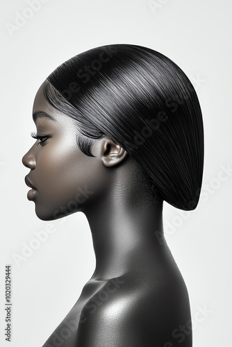 Elegant profile of a model with sleek hair on a minimalist background.