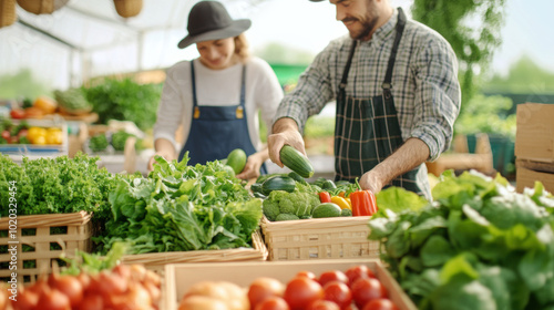 Wallpaper Mural Fresh vegetables and fruits are being selected by couple at vibrant farmers market, showcasing variety of greens and colorful produce. atmosphere is lively and inviting Torontodigital.ca