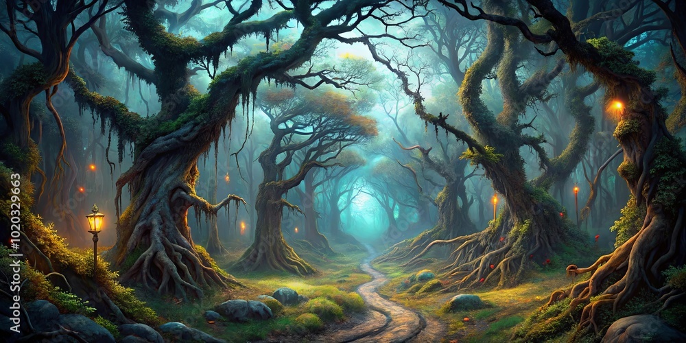 Fototapeta premium A winding path through a dense, moss-covered forest illuminated by the soft glow of lanterns hanging from the branches