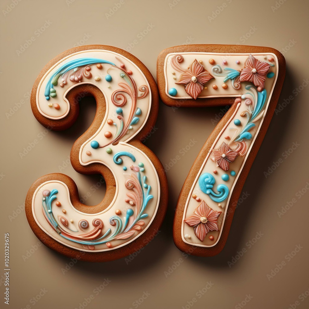 Decorated cookie, number 37, illustration for birthday or anniversary celebration Decorated cookie, number 37, illustration for birthday or anniversary celebration