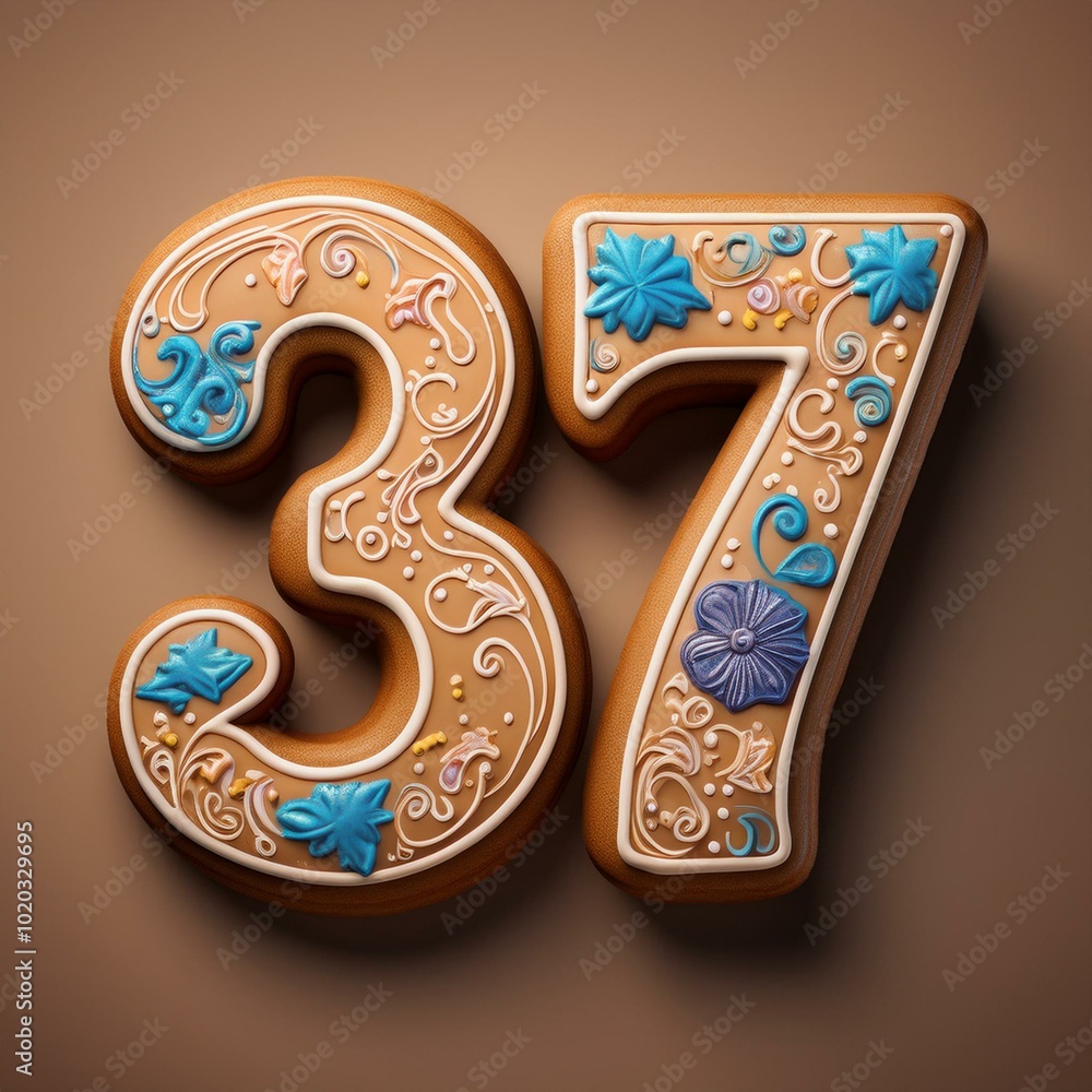 Decorated cookie, number 37, illustration for birthday or anniversary celebration Decorated cookie, number 37, illustration for birthday or anniversary celebration