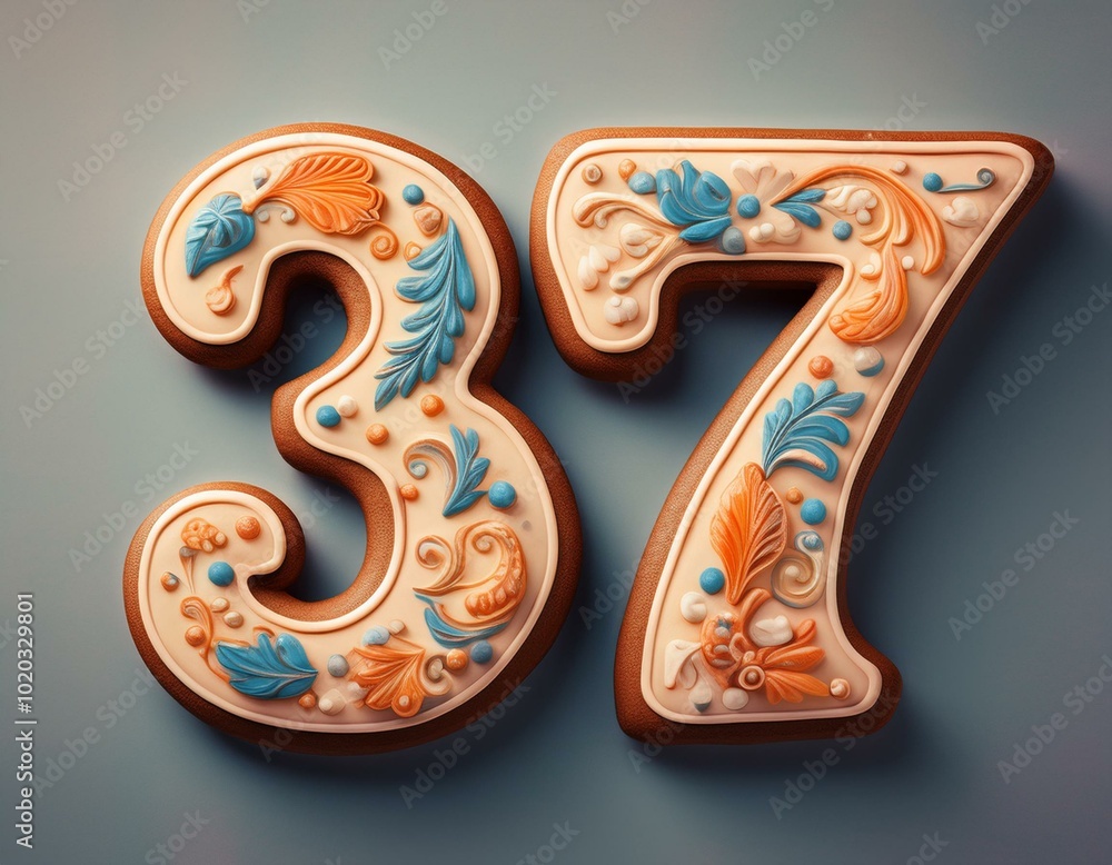 Decorated cookie, number 37, illustration for birthday or anniversary celebration Decorated cookie, number 37, illustration for birthday or anniversary celebration