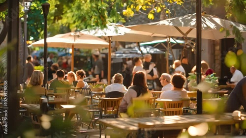 Outdoor cafe with people enjoying a sunny day under large umbrellas, surrounded by greenery and natural light.