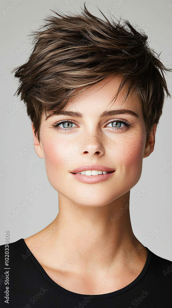 Portrait of a smiling woman with short hair and striking blue eyes. Portrait of a smiling woman with short hair and striking blue eyes.