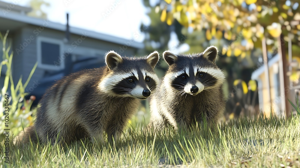 Two raccoons standing on grass in a natural setting. Two raccoons standing on grass in a natural setting.