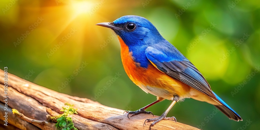 Naklejka premium A Vibrant Blue and Orange Bird Perched on a Sunlit Branch, its Bright Feathers Gleaming Against a Defocused Background of Green Foliage