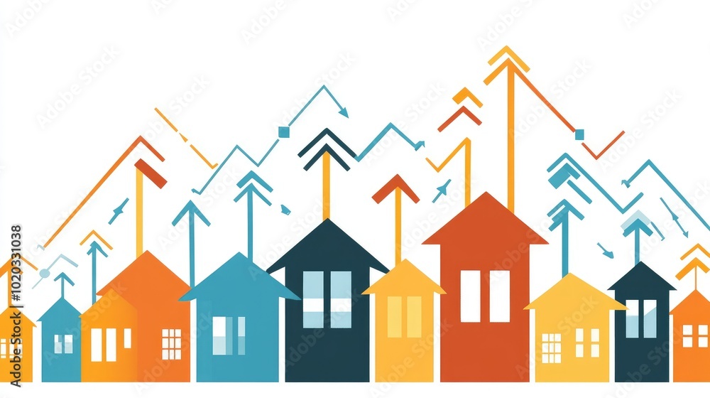 Upward graph with houses and arrows, illustrating housing market growth. Upward graph with houses and arrows, illustrating housing market growth.