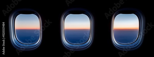 A cinematic shot of the window view from inside an airplane
