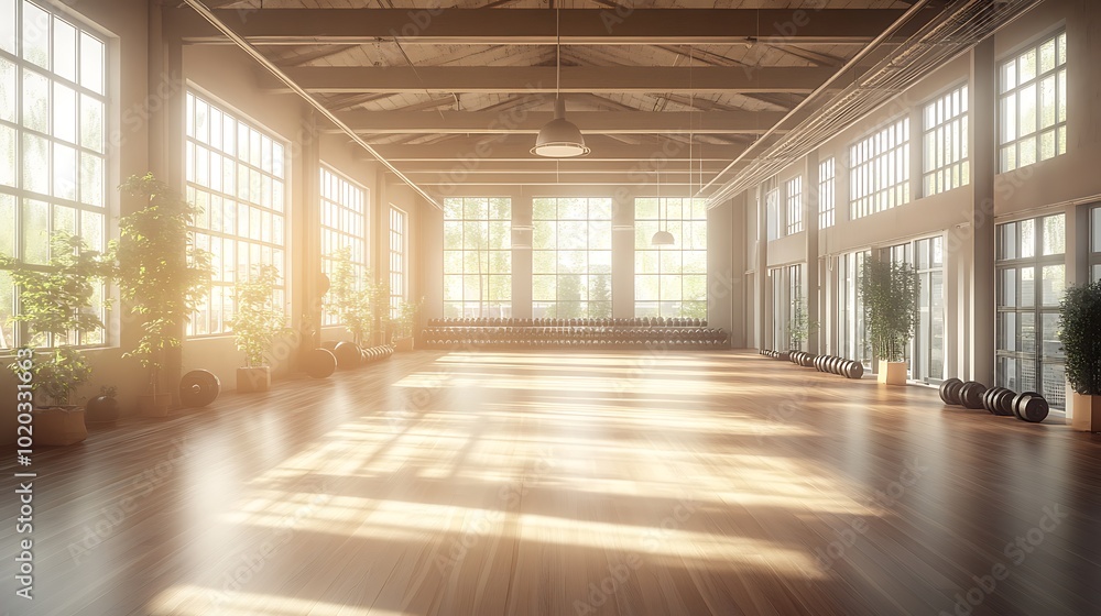 Empty gym interior with polished wooden flooring, minimalist design elements, large windows letting in sunlight, neutral color palette, high ceilings, clean and open layout, Empty gym interior with polished wooden flooring, minimalist design elements, large windows letting in sunlight, neutral color palette, high ceilings, clean and open layout,