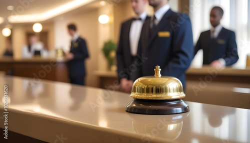 A golden service bell on a hotel reception desk, with blurred hotel staff in the background