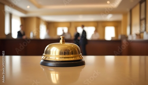 A golden service bell on a hotel reception desk, with blurred hotel staff in the background