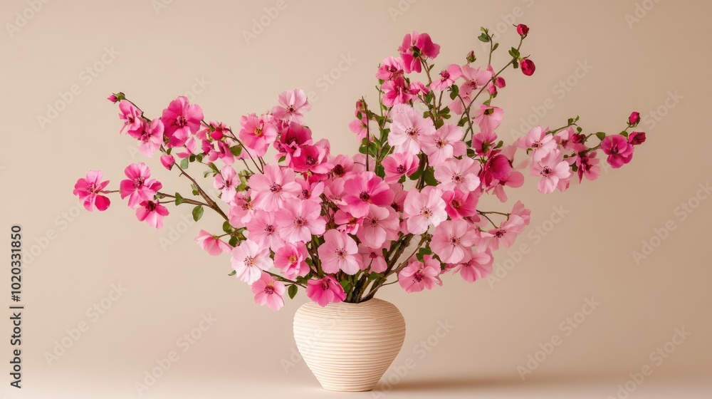 Naklejka premium Vase filled with pink flowers arranged in the shape of a heart, set against a neutral background for a sweet, elegant look