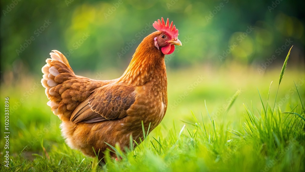 Fototapeta premium A Single Hen Stands Tall in a Lush Meadow, Its Feathers a Warm Brown Against the Vibrant Green