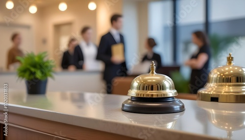 A bronze service bell on a hotel reception desk, with blurred hotel staff in the background