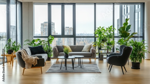Modern living room with large windows  plants  and comfortable furniture overlooking a city skyline. Concept of urban living and green interior design.