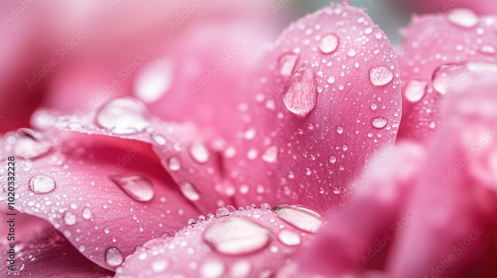 Vibrant pink petals sparkling with tiny water droplets, creating a dreamy and soft aesthetic Vibrant pink petals sparkling with tiny water droplets, creating a dreamy and soft aesthetic