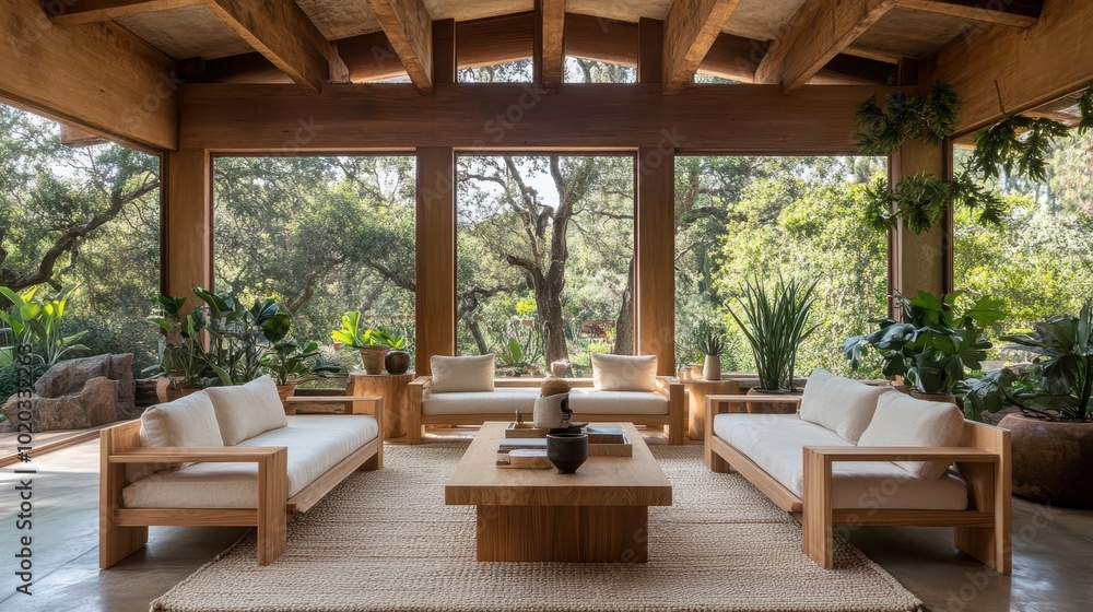 Fototapeta premium A cozy reading nook with pillows and blankets surrounded by lush green plants. Concept of a peaceful and nature-inspired retreat.