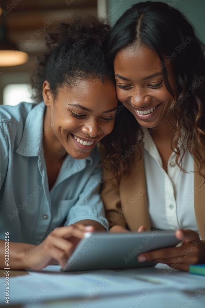 Two smiling women looking at tablet together, teamwork and collaboration, modern technology in business, happy colleagues working Two smiling women looking at tablet together, teamwork and collaboration, modern technology in business, happy colleagues working