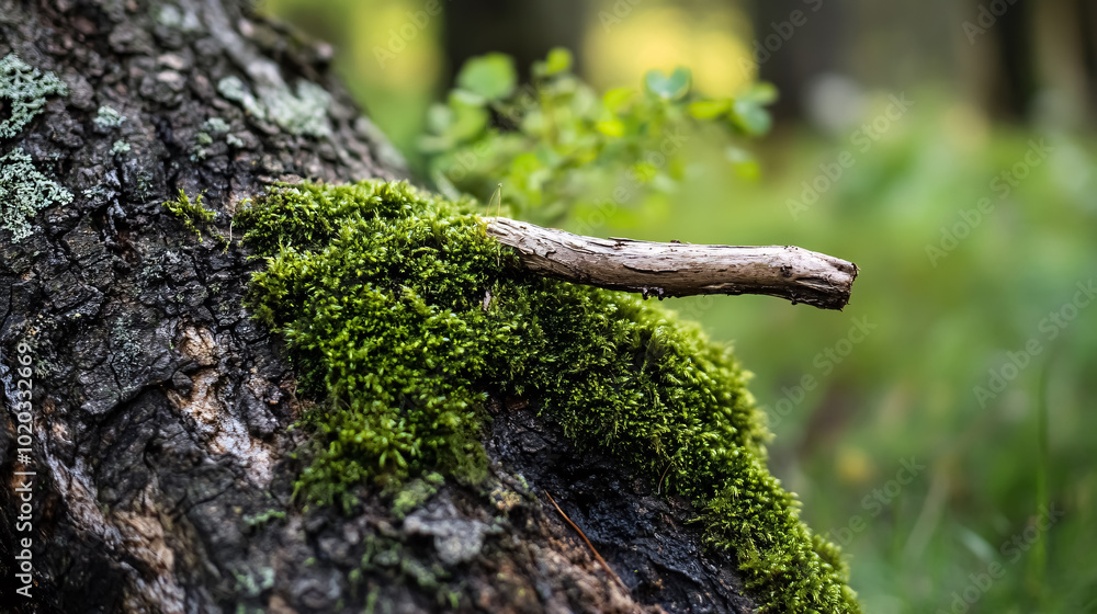 A stick on a tree trunk covered in moss. A stick on a tree trunk covered in moss.