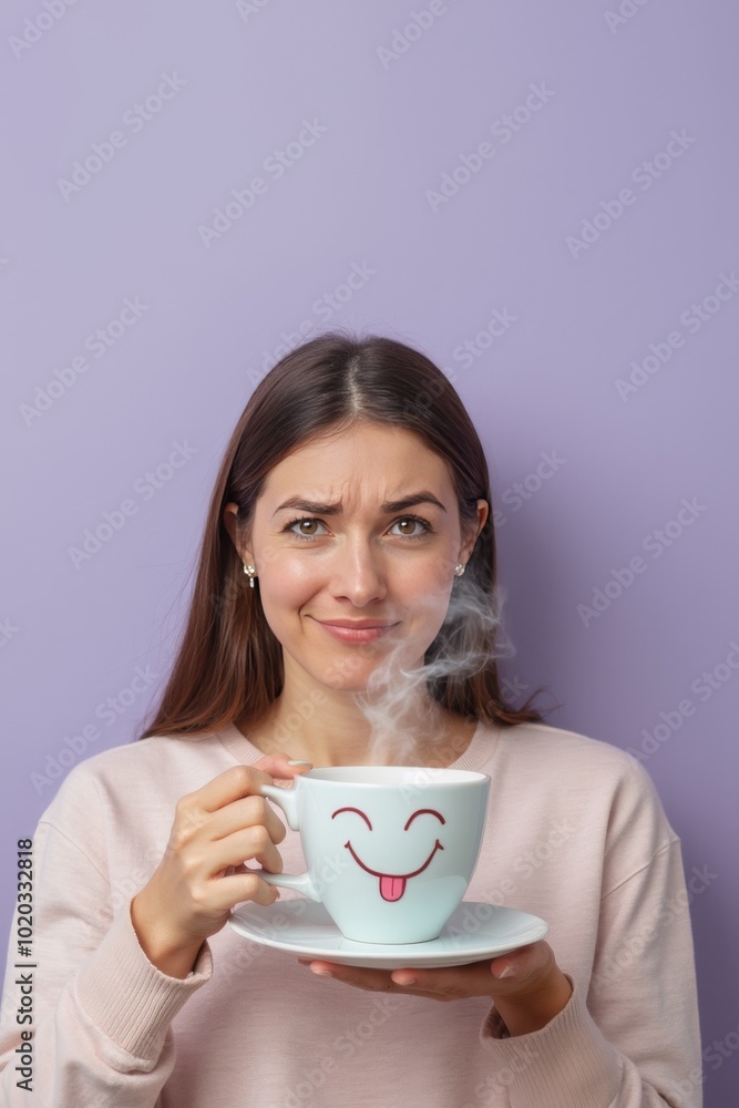 Woman holding steaming coffee cup with funny smiley face, looking confused against purple background Woman holding steaming coffee cup with funny smiley face, looking confused against purple background