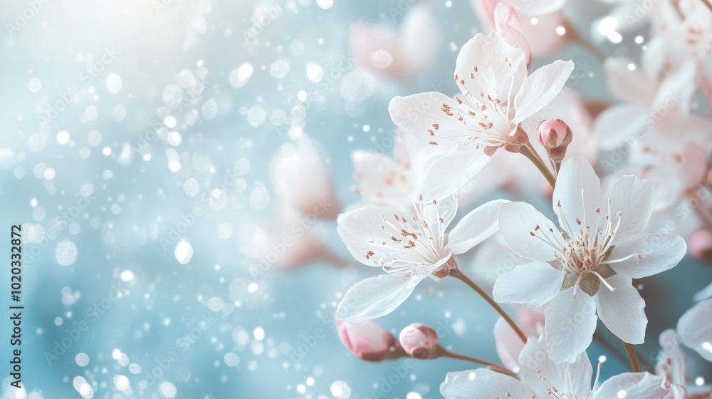 White and pink flowers on a light blue background, creating a soft, tranquil atmosphere with an elegant floral pattern White and pink flowers on a light blue background, creating a soft, tranquil atmosphere with an elegant floral pattern