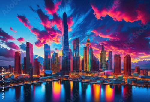 stunning city skyline showcasing vibrant colors dramatic cloud formations under bright blue sky, aesthetic, artwork, backdrop, beautiful, breathtaking photo