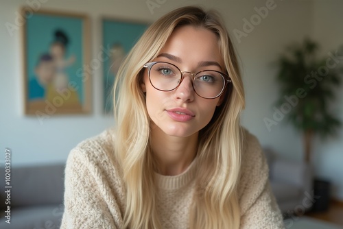 Portrait of young woman with blonde hair and glasses, wearing a cozy sweater indoors, looking confidently at the camera.