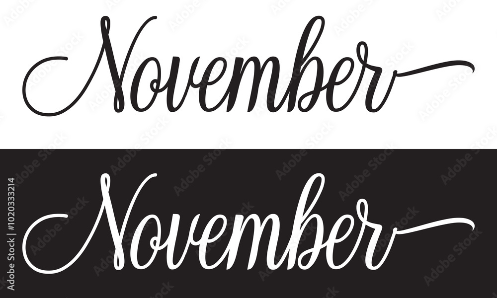 November black vector monoline calligraphy banner isolated on white and black background. Vector illustration EPS 10 November black vector monoline calligraphy banner isolated on white and black background. Vector illustration EPS 10