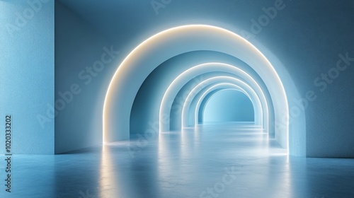 A series of glowing arches leading to an empty room.