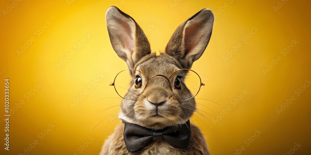 Fototapeta premium A dapper rabbit with spectacles and a bow tie, a whimsical portrait of furry charm and intellectual curiosity