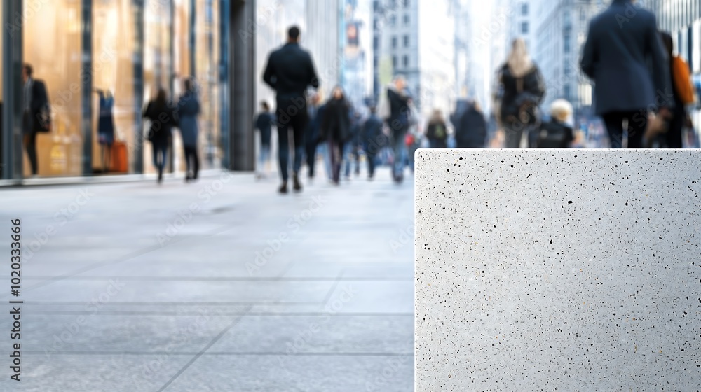 An artistic perspective of a bustling urban street, focusing on the textured and layered concrete sidewalk. The deep depth of field reveals pedestrians in motion, emphasizing the contrast between the An artistic perspective of a bustling urban street, focusing on the textured and layered concrete sidewalk. The deep depth of field reveals pedestrians in motion, emphasizing the contrast between the