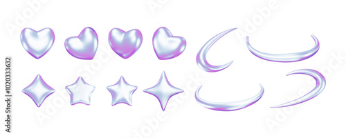Set of 3d neon stars, heart and abstract orbits. Futuristic elements. Inflated platinum techno objects. Holographic vector illustration for future, y3k designs. Cyber romantic and galaxy icons.