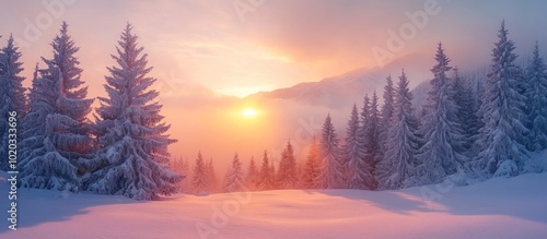 A snowy winter landscape with tall pine trees covered in frost, bathed in the golden light of a sunrise.