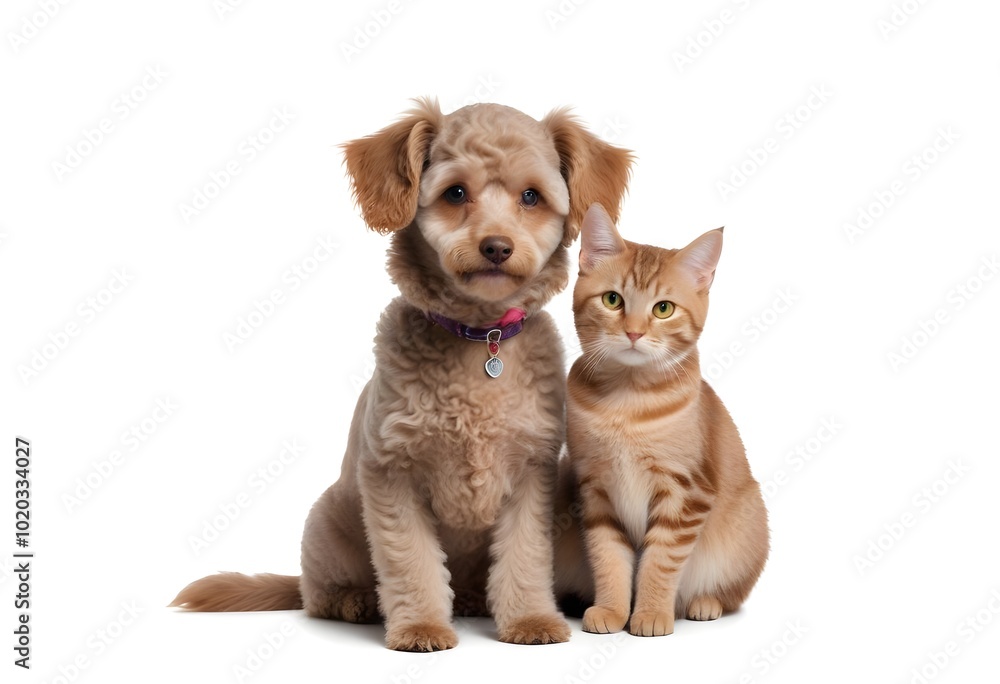 A young poodle and a cat sitting together, both looking at the camera with friendly expressions A young poodle and a cat sitting together, both looking at the camera with friendly expressions