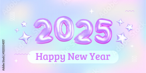 Holographic 2025 banner. Happy New Year vector illustration with 3D inflated neon numbers and chrome stars on pastel gradient background with ribbed glass effect. Futuristic Christmas art.
