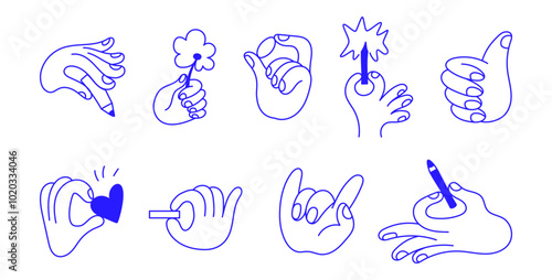Vector line simple illustrations, hands and gesture in outline style, sticker gesture, print and poster design