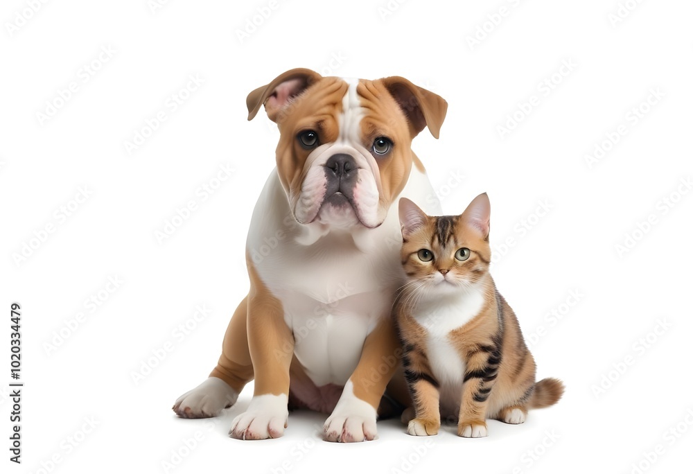 A young bulldog and a cat sitting together, both looking at the camera with friendly expressions A young bulldog and a cat sitting together, both looking at the camera with friendly expressions