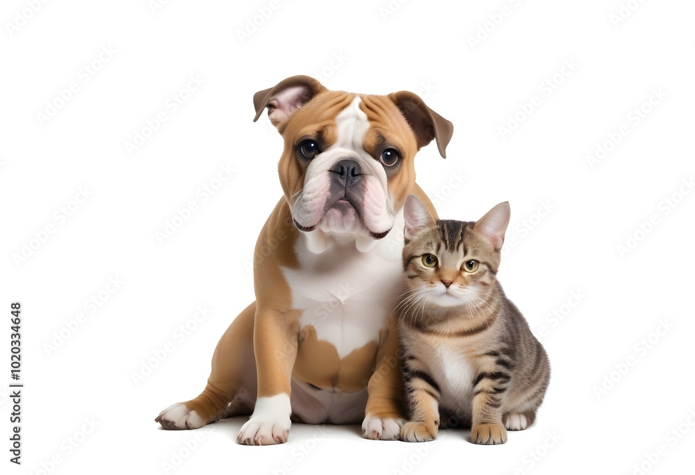 A young bulldog and a cat sitting together, both looking at the camera with friendly expressions A young bulldog and a cat sitting together, both looking at the camera with friendly expressions