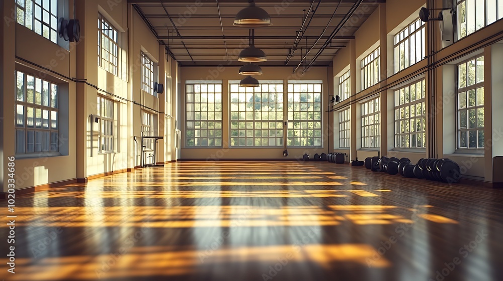 Empty modern gym interior, polished wooden floors, minimalist design elements, large windows filling the space with light, neutral color scheme, soft reflections on the floor, organized and clean, Empty modern gym interior, polished wooden floors, minimalist design elements, large windows filling the space with light, neutral color scheme, soft reflections on the floor, organized and clean,